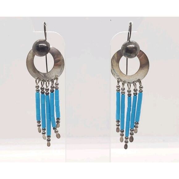 tk Jewelry - Vintage Earrings Turquoise Native Southwest 935 Sterling Silver Dangle Long Drop